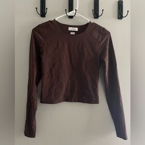Aritzia Long-Sleeve Crewneck Cropped Top in Dark Brown